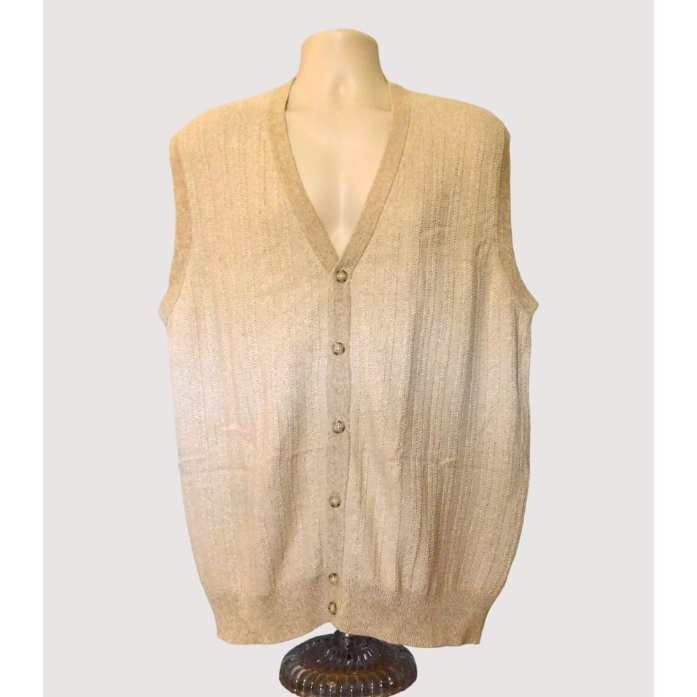 Roundtree and Yorke Sweater Vest Mens XL Heather Beige White Sleeveless Buttons